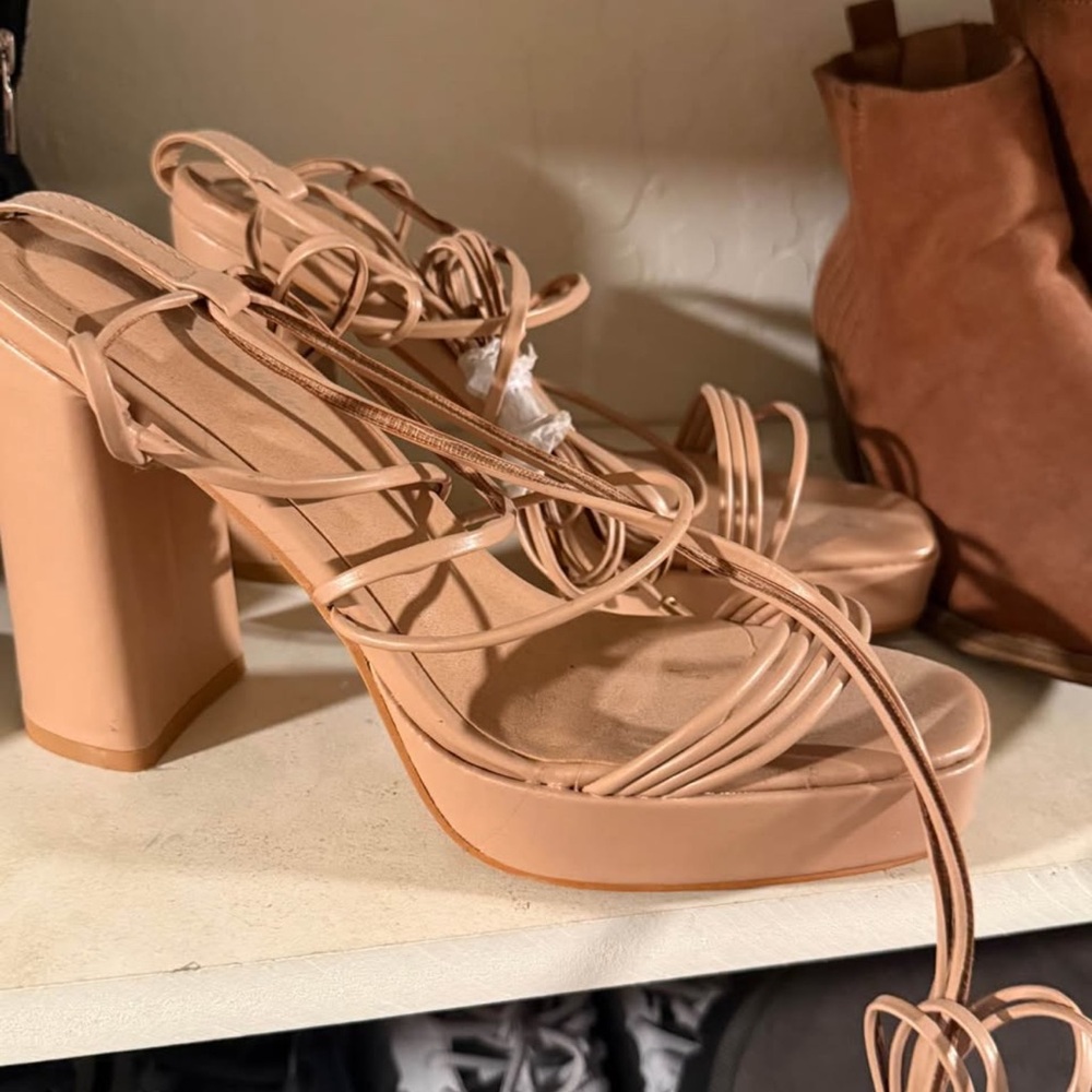 Strappy Blush Lace-Up Platform Block Heels